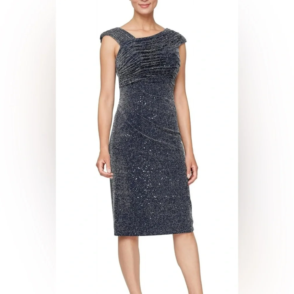 Alex Evenings Sparkly Navy Ruched Cocktail Dress, size 12P - Picture 1 of 10